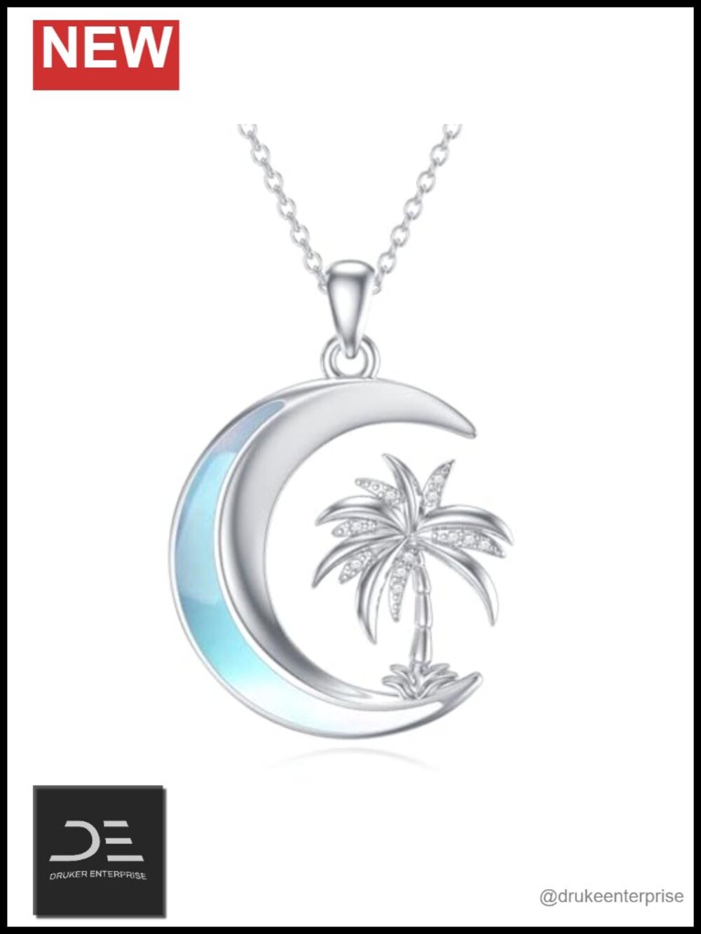 Genuine Diamond Palm Tree Pendant Necklace Sterling Silver 18 Inch Chain